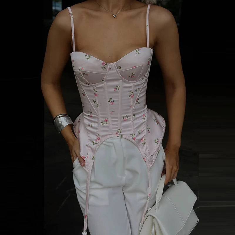 Romantic Floral Corset Cami Top With Sweetheart Neckline And Irregular Hem For Summer