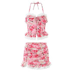 Boho Floral Print 2 Pieces Skirts Set Holiday Summer Women Sexy Backless Halter Top + Mini Skirt