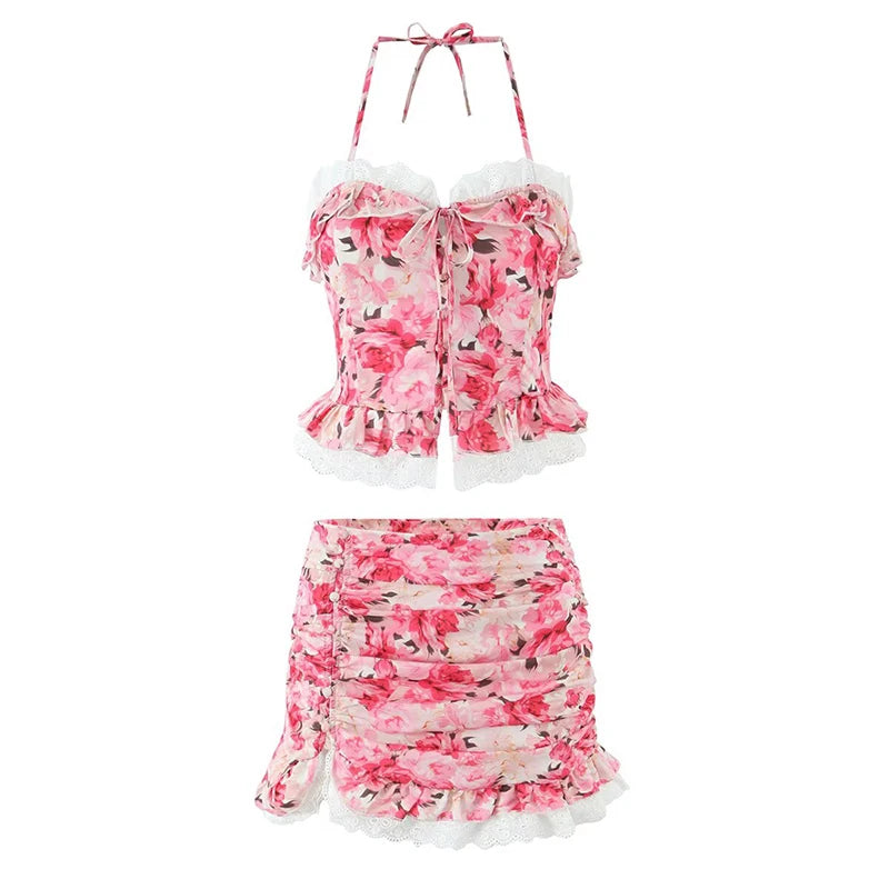 Boho Floral Print 2 Pieces Skirts Set Holiday Summer Women Sexy Backless Halter Top + Mini Skirt
