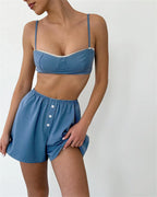 Crop Top Set With High Waist Shorts Spaghetti Strap Two- Piece