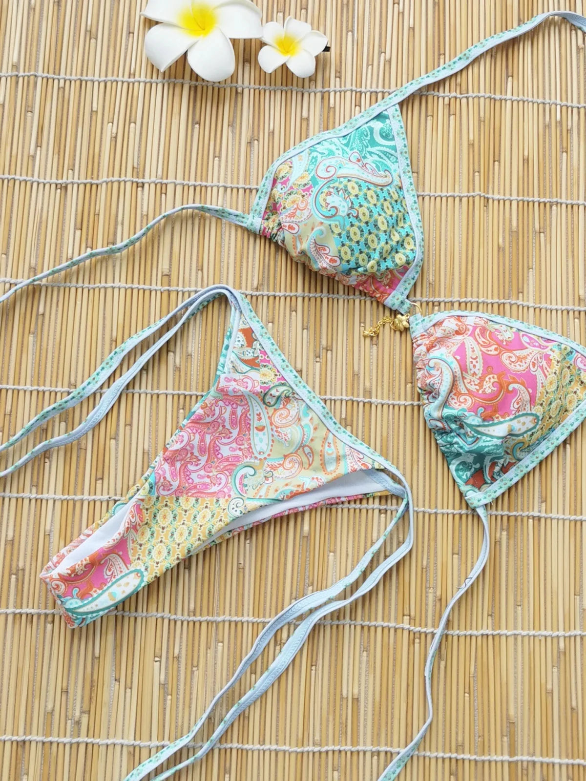 Retro Green Floral Bikini Set With Push Up Top And Cheeky Thong Bottom
