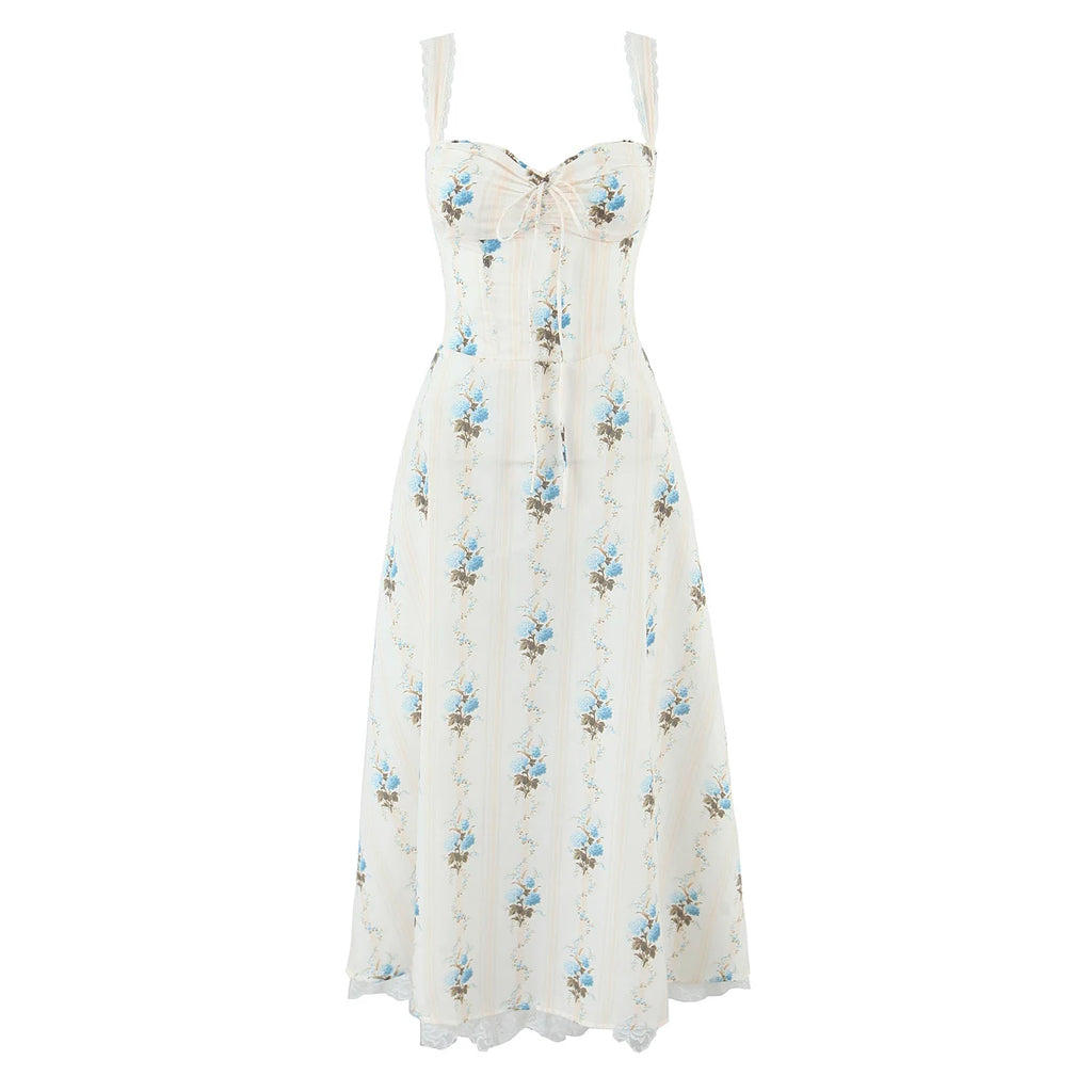 Romantic Apricot Floral Print Bow Ruched Midi Dress With Lace Lining For Women And Elegant Silhouette