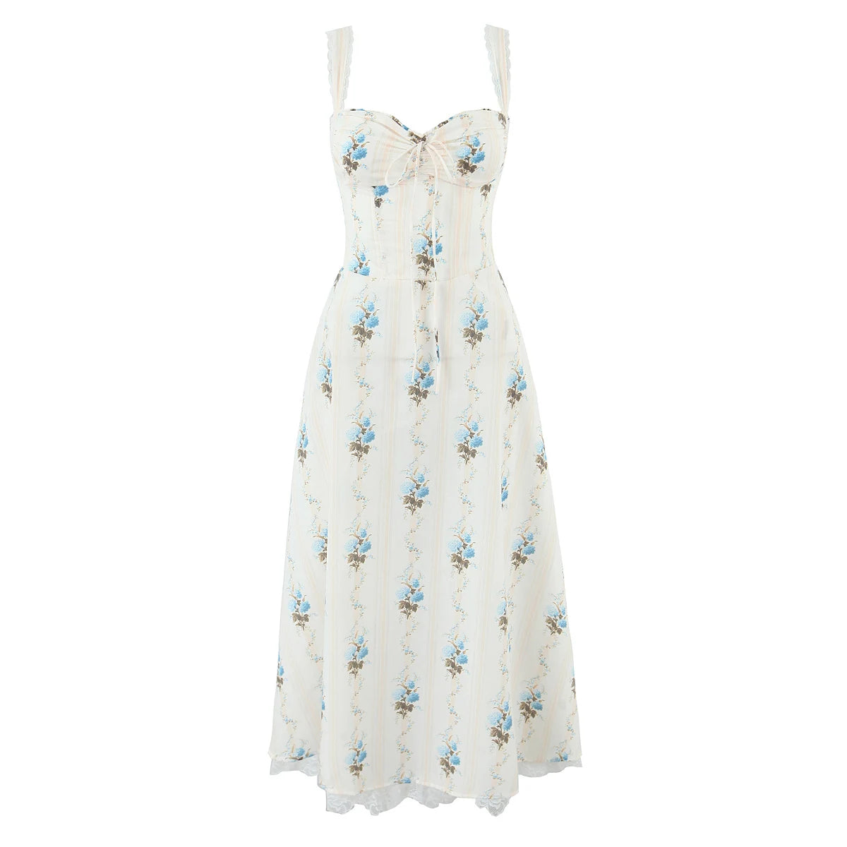 Romantic Apricot Floral Print Bow Ruched Midi Dress With Lace Lining For Women And Elegant Silhouette
