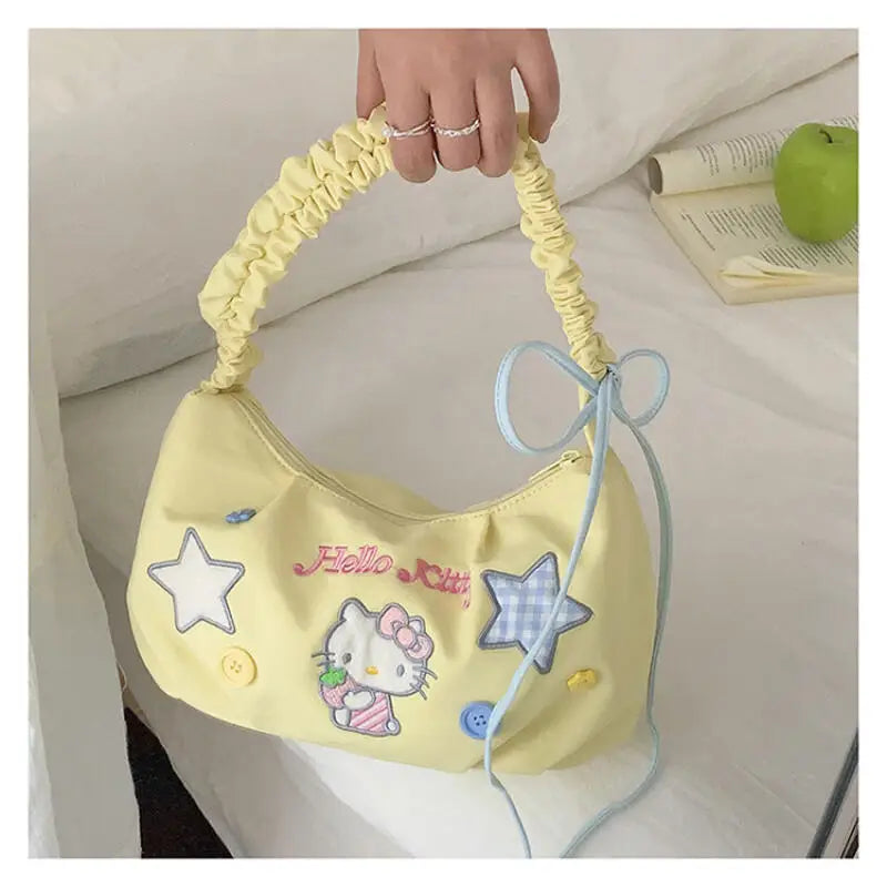 Bright Strawberry Daydream Shoulder Bag With Yellow Nylon And Blue Grid Star Detail