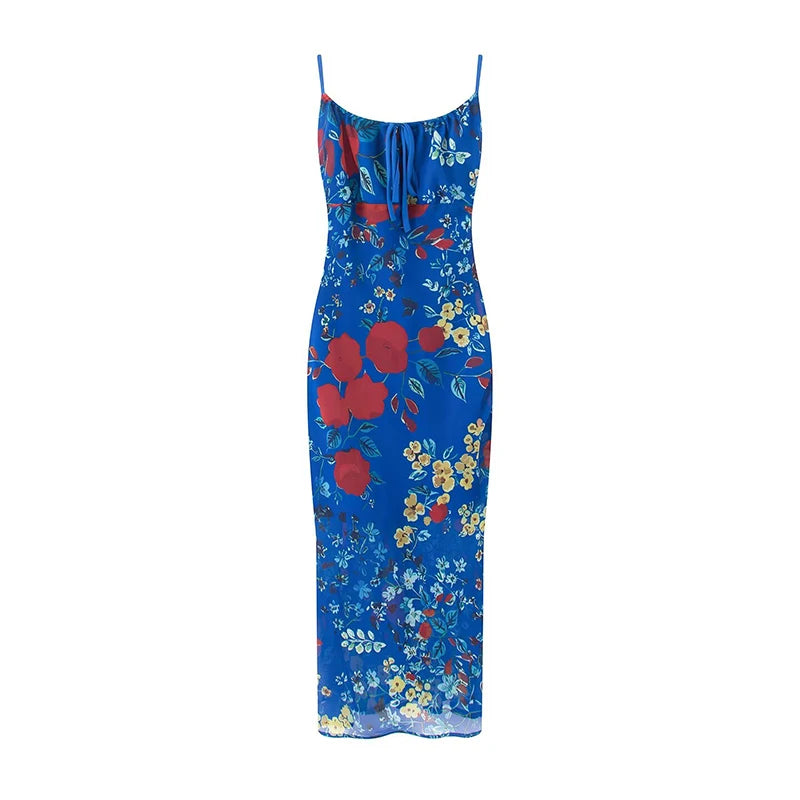Retro Floral Lace Up Backless Maxi Dress