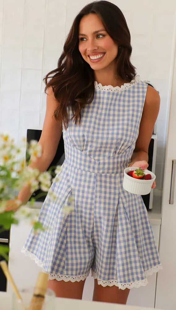 Vintage Plaid Patchwork Jumpsuit With Lace Trim Sleeveless High Waist Shorts