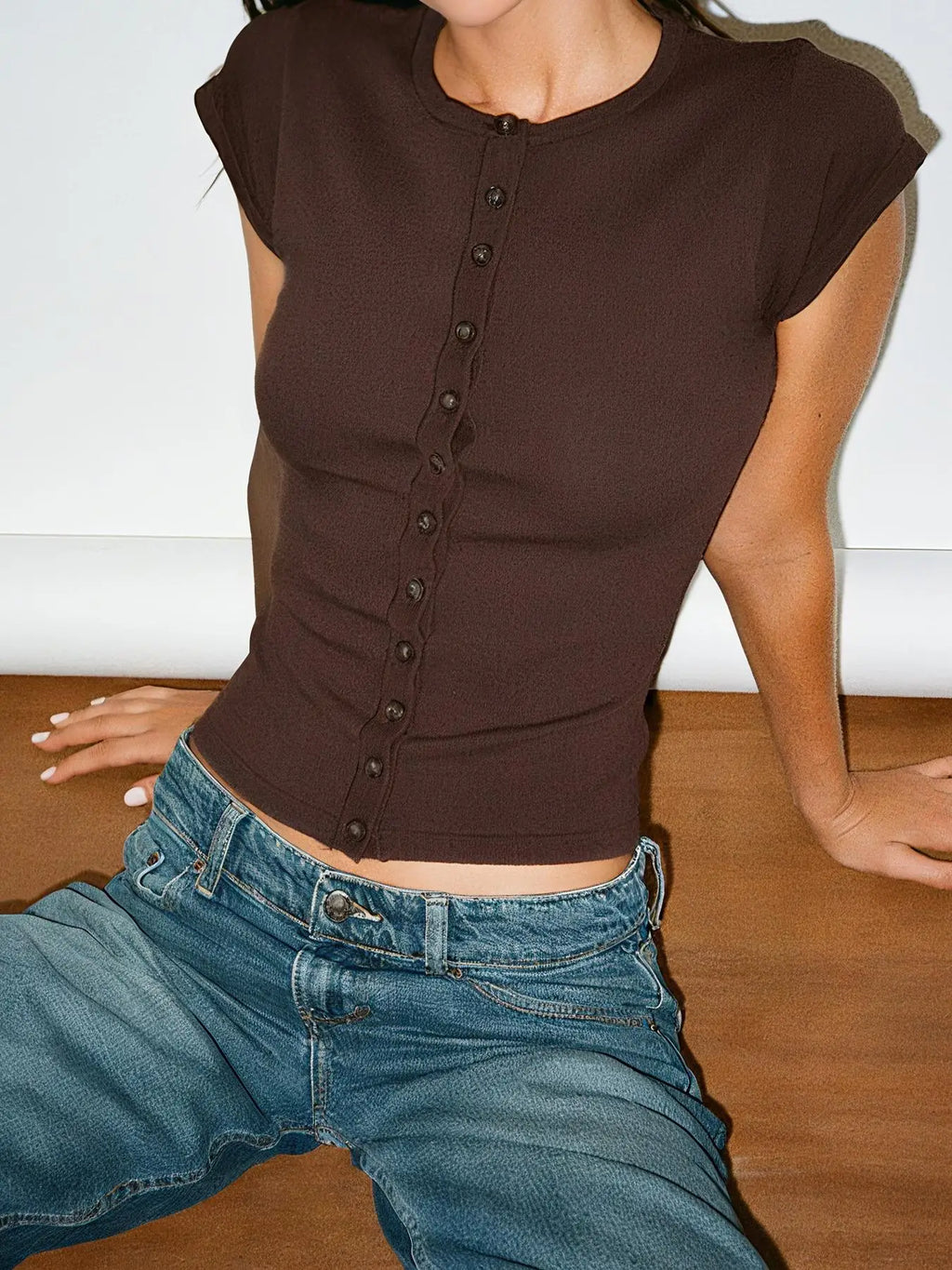 Solid Color Button Front Short Sleeve Tee With Round Neck