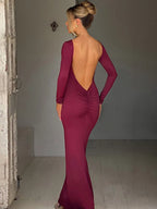 Elegant Backless Long Sleeve Maxi Dress With Bodycon Fit