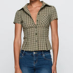 Vintage Plaid Button Down Shirt For Women Short Sleeve Blouse