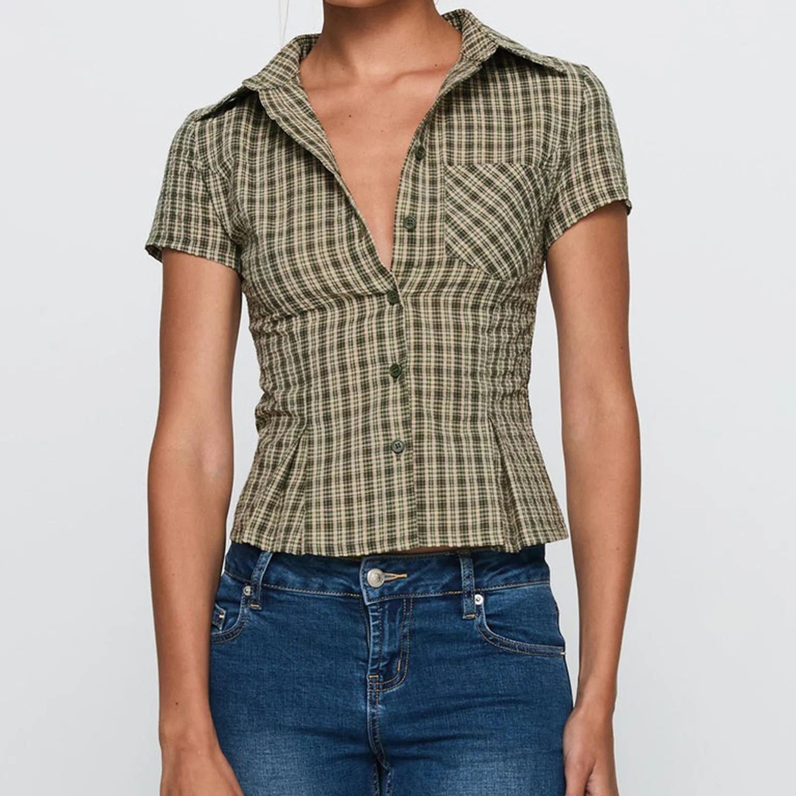 Vintage Plaid Button Down Shirt For Women Short Sleeve Blouse