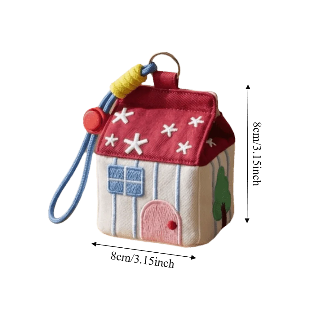 Kawaii Large Capacity Cartoon House Earphone Bag And Embroidery Storage Coin Purse In Red Polyester