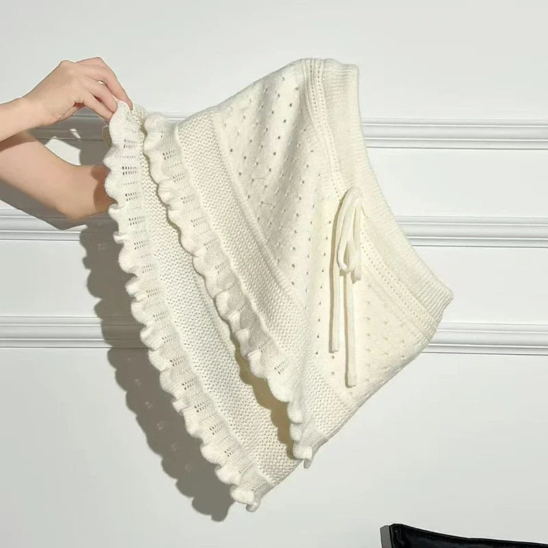 Patchwork Knit Mini Skirt With High Waist Ruffle And Hollow Out Details
