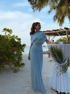 Blue Irregular Shawl Maxi Dress Slim Fit Pleated Turtleneck Elegant Evening