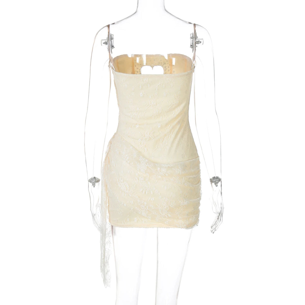 Sequined Strapless Mesh Mini Dress With Heart Cutout Zip Front