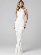 Elegant Backless Halter Ruched Long Dress With Striped Detailing