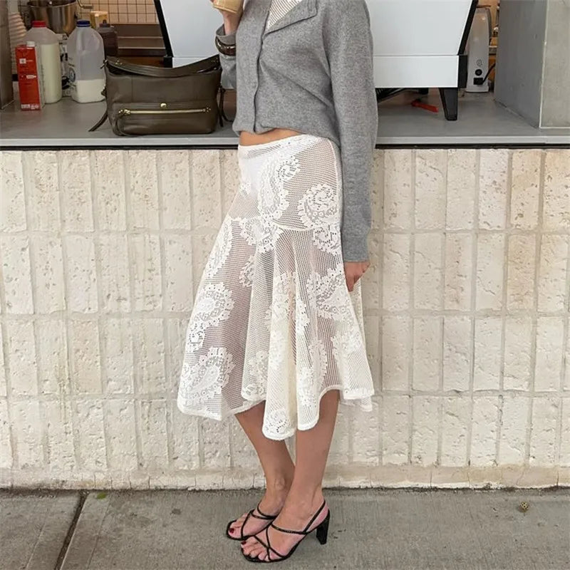 Women Paisley Lace Midi Skirt Sheer Mesh Asymmetrical Hem Flared Skirt High Waist See Through