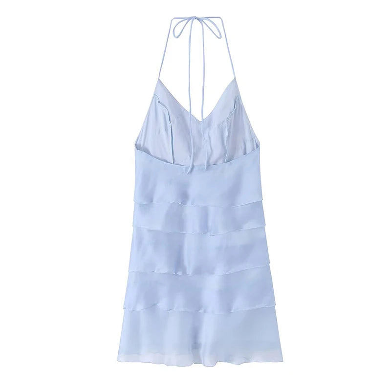 Dreamy Light Blue Halter Backless Mini Dress With Tiered Ruffle Accents