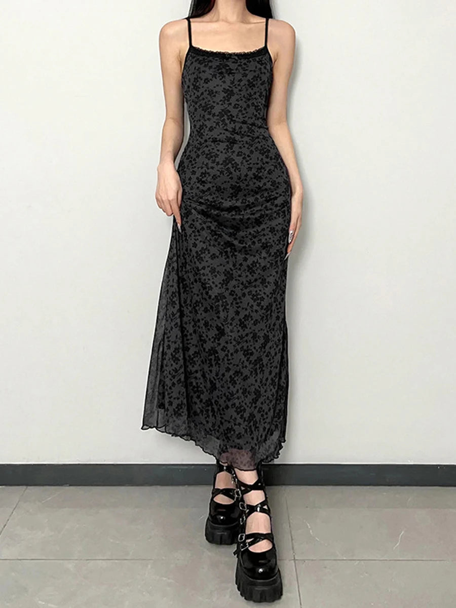 Floral Lace Trim Cami Maxi Dress Elegant Sleeveless Silhouette