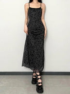Floral Lace Trim Cami Maxi Dress Elegant Sleeveless Silhouette