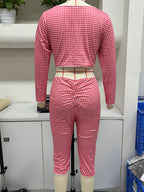 Chic Plaid Two Piece Set With Cropped Tie Front Top And Three Quarter Sleeve Capris