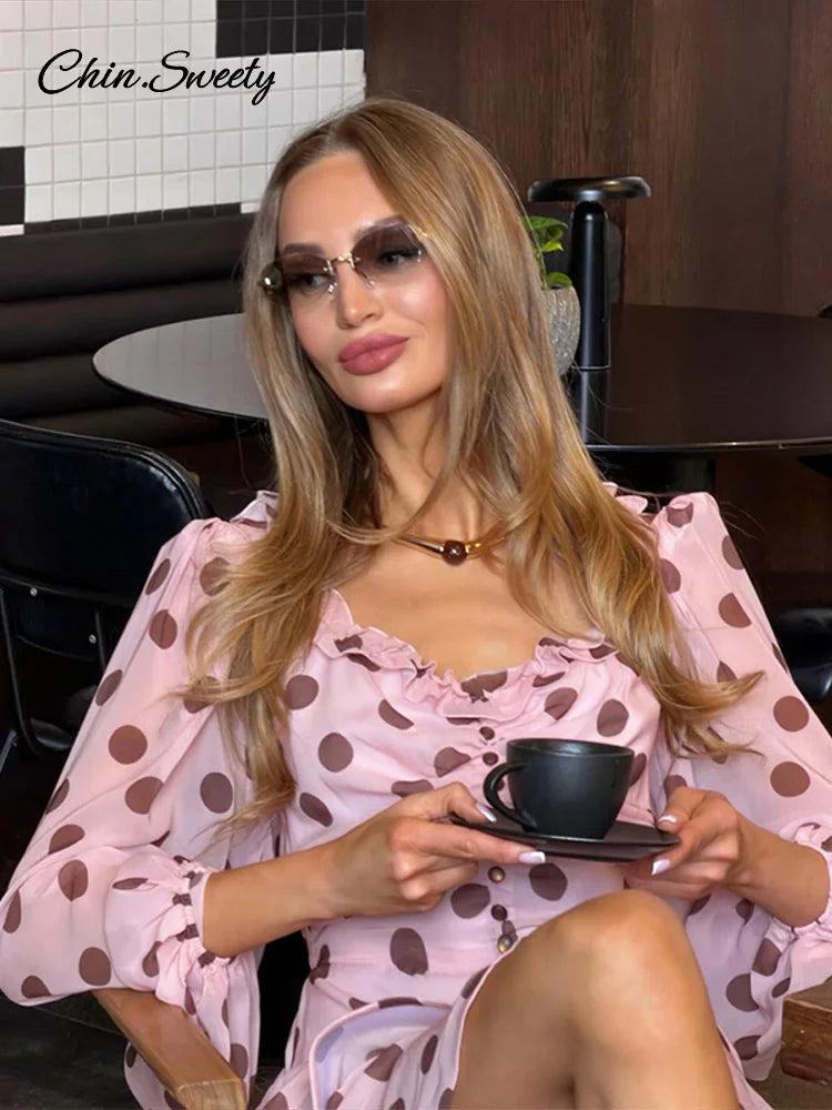 Polka Dot Pink Ruffle Sleeve S Line Dress For Women Elegant Gown