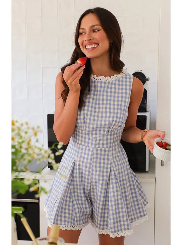 Plaid Lace Romper With High Waist And Wide Leg Sleeveless Playsuit