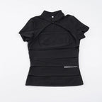 Hollow Stand-Up Collar Shirt With Ultra Slim Fit Short Sleeve Black Top