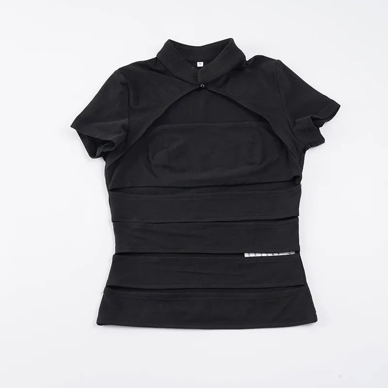 Hollow Stand-Up Collar Shirt With Ultra Slim Fit Short Sleeve Black Top