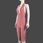 Red Striped Print Backless Halter Playsuit