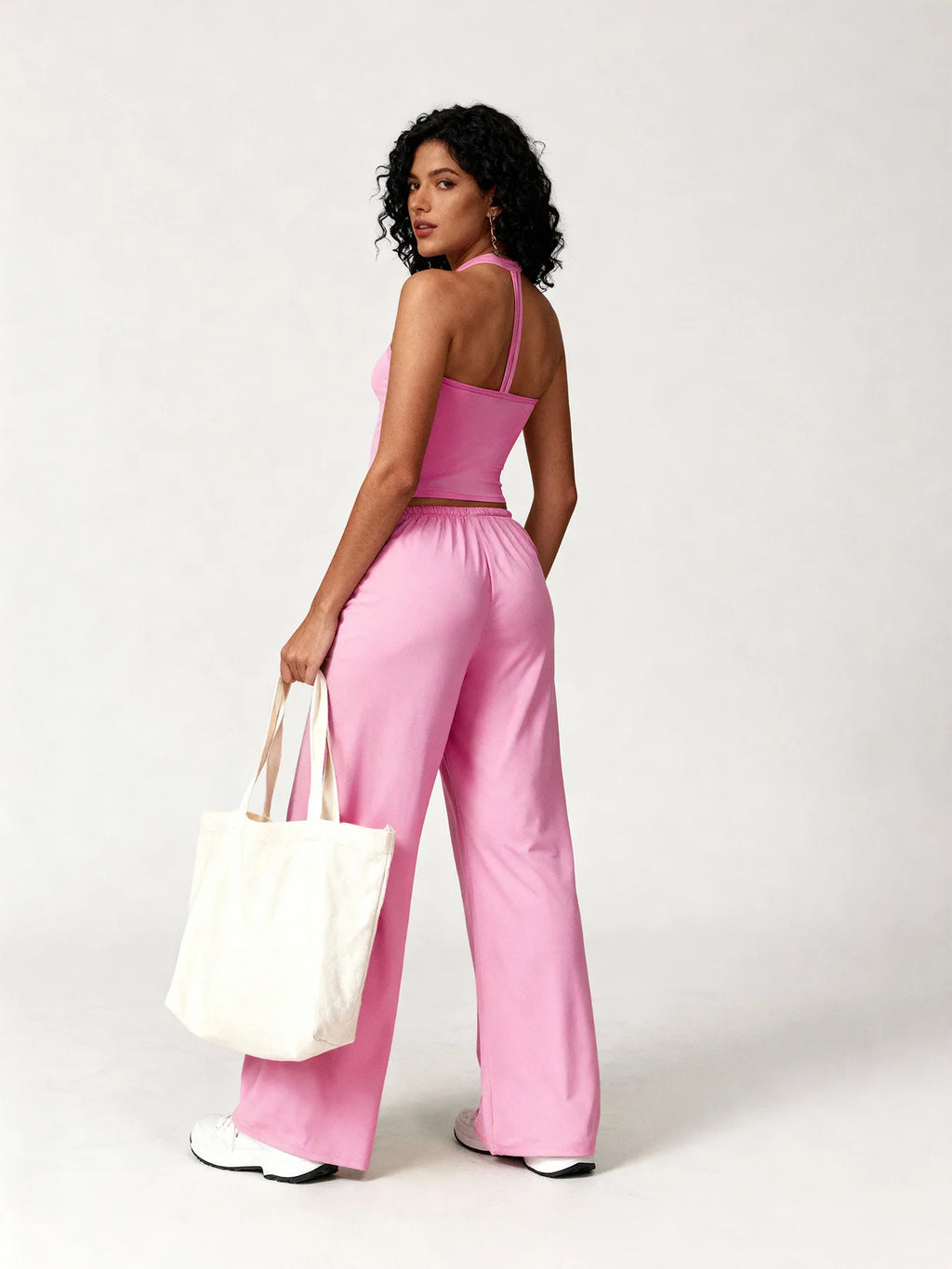 Two Piece Set With Sleek V Neck Tank Backless Detail And Wide Leg Pants