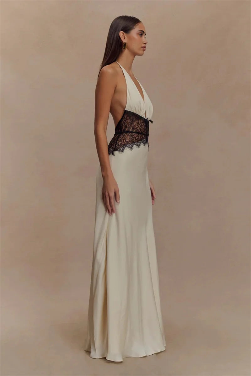Backless Maxi Gown With Patchwork Lace Halter Neck Deep V And High Waist Elegance