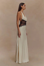 Backless Maxi Gown With Patchwork Lace Halter Neck Deep V And High Waist Elegance