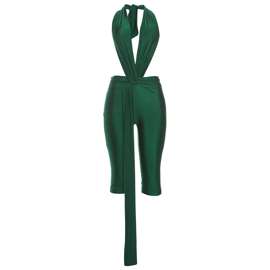 Midnight Patchwork Halter Romper Backless Slim Fit