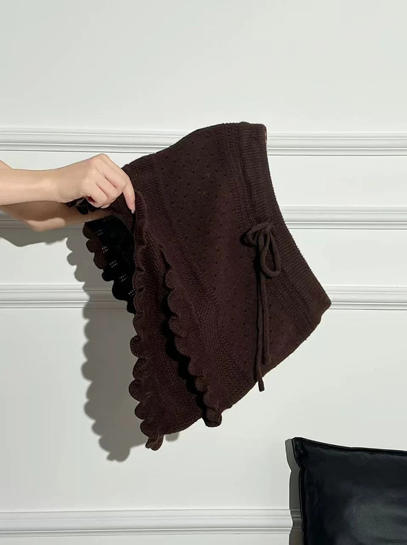 Patchwork Knit Mini Skirt With High Waist Ruffle And Hollow Out Details