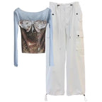 Dreamy Sky Blue Gradient Butterfly One Shoulder Knit Top With Long Net Yarn Sleeves