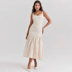 Women Ruffles Suspenders Dress Slim Solid Square Collar Sleeveless