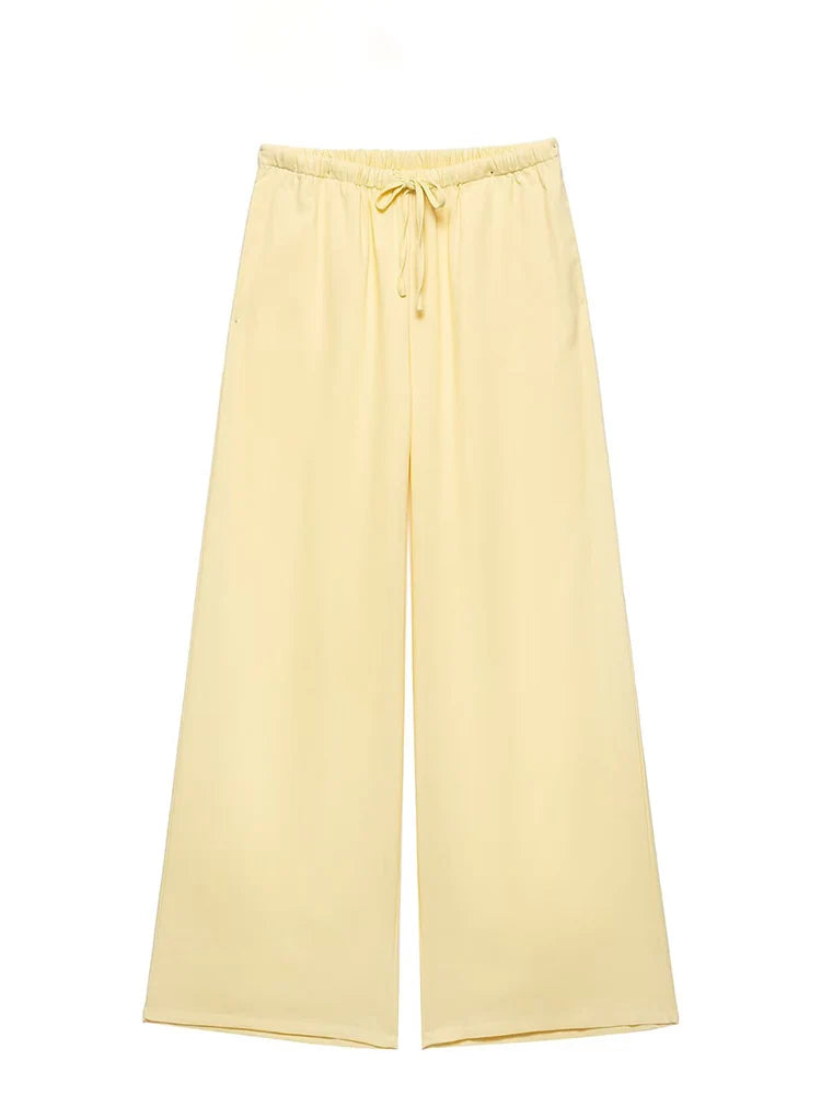 Breezy Linen Kimono Two-piece Set With Lace Up Top And Wide Leg Pants