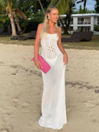Floral Knit Strap Maxi Dress Backless Beach Cover Up For Summer Vacation And Resort Style