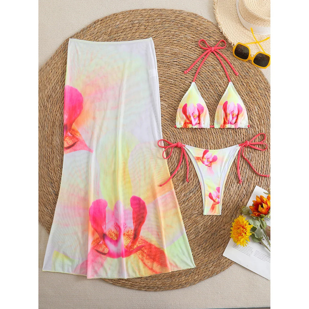 Flowers Printed With Skirt Halter Bikini Three-pieces Bikini set