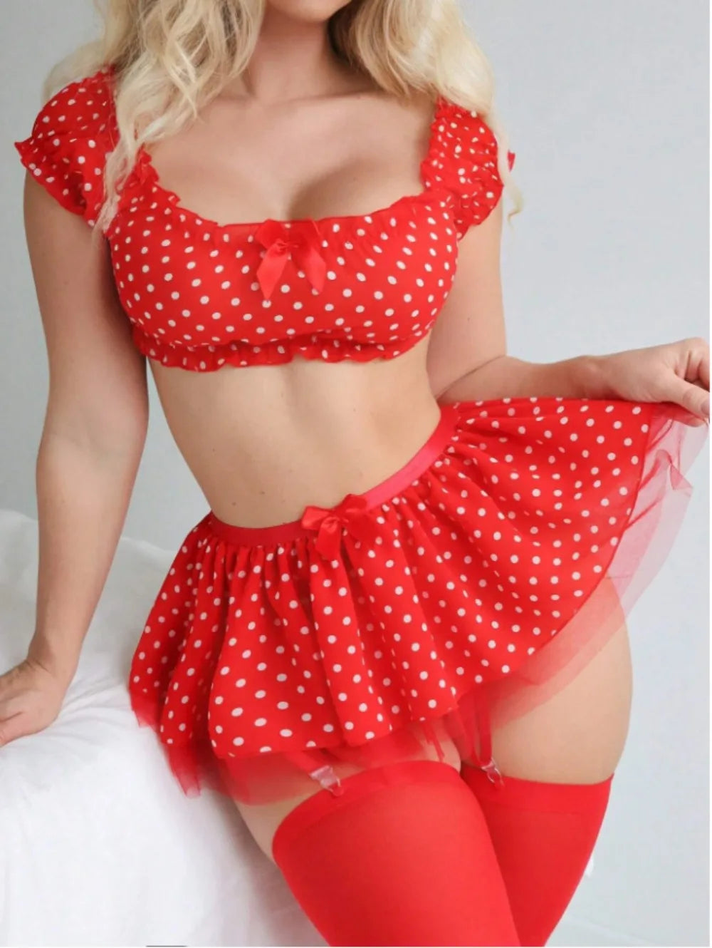 Polka Dots Tutu Lingerie Set Off Shoulder Twopiece with Plunge Bra and Satin Trim
