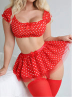Polka Dots Tutu Lingerie Set Off Shoulder Twopiece with Plunge Bra and Satin Trim
