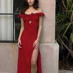 Off Shoulder Ruffle Midi Dress With Front Cutout High Waist Side Split