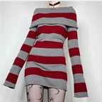 Striped Mini Bodycon Dress With Boat Neck And Off Shoulder