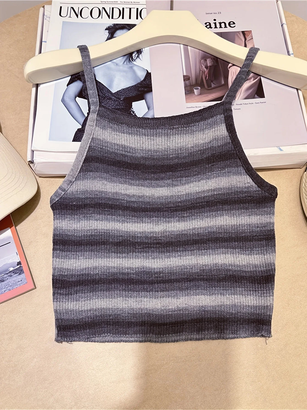 Striped Ribbed Knit Cami Top With Square Neck Sleeveless Rainbow Crop