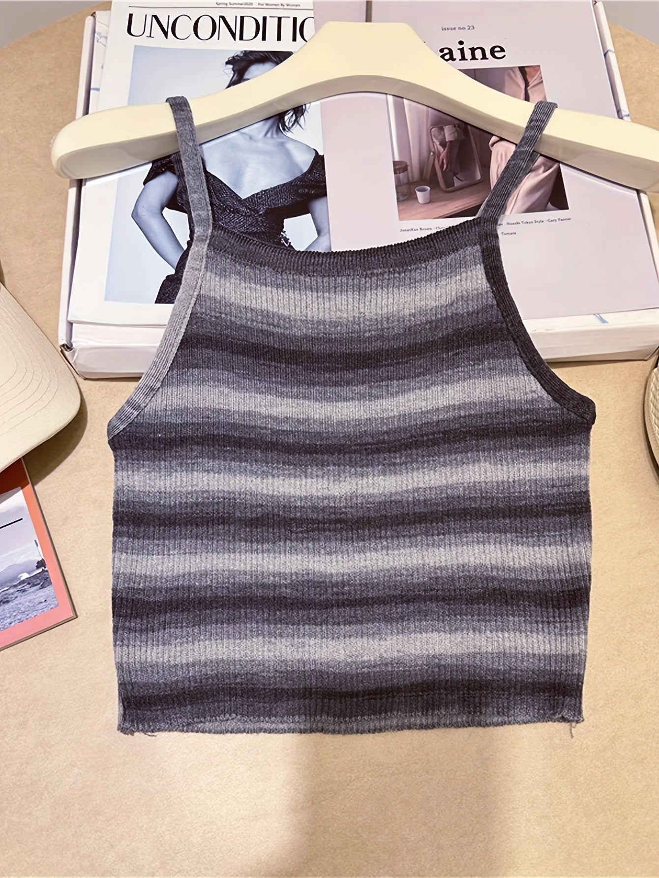 Striped Ribbed Knit Cami Top With Square Neck Sleeveless Rainbow Crop