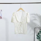 Lace Splicing Female Chic Bow Lace-up V Neck Short Sleeve Shirt