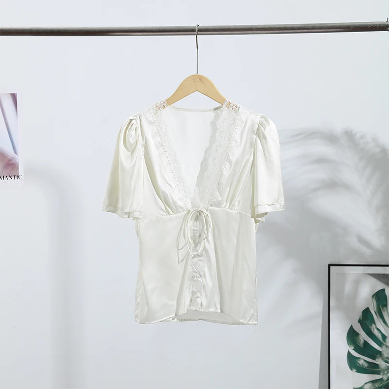 Lace Splicing Female Chic Bow Lace-up V Neck Short Sleeve Shirt