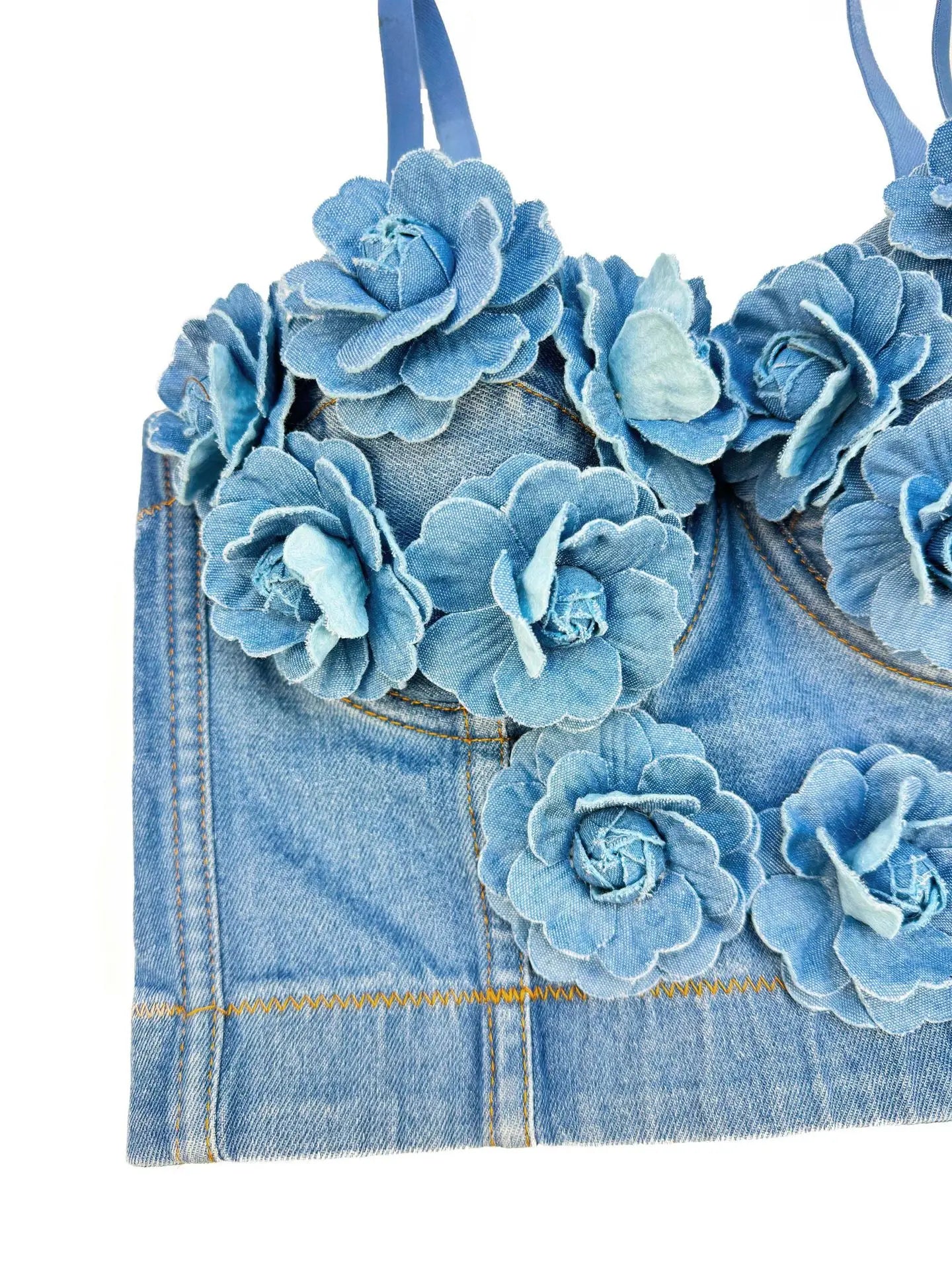 Handmade Beaded Flower Embellishment Denim Corset Vest Top