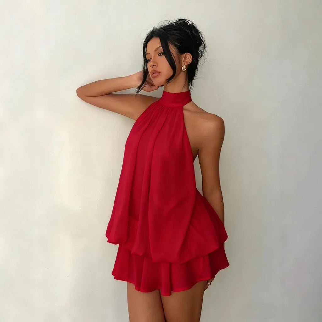 Women's Halter Neck Chiffon Mini Dress - Backless Tie-Front