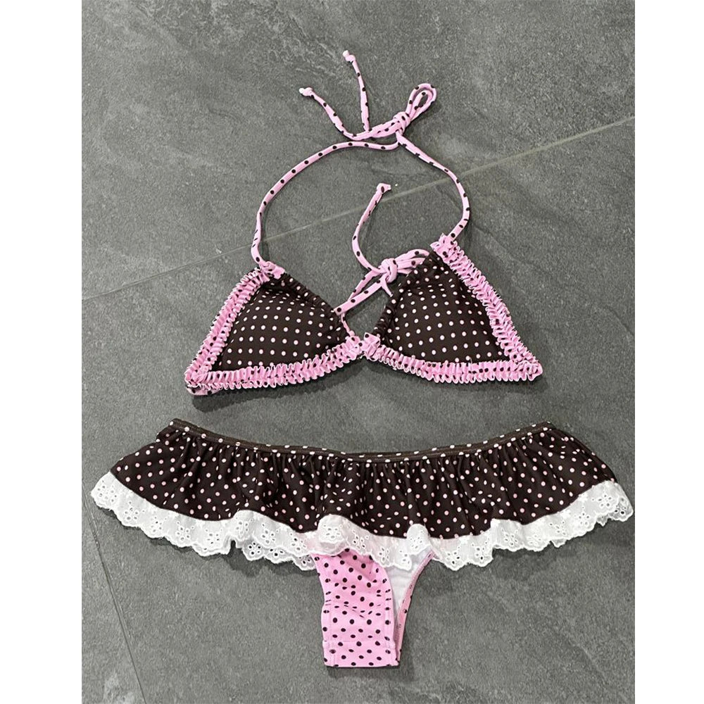 Polka Dot Halter Bikini Set With Ruffle Skirt Bottoms Two Piece Beach Swimsuit For Summer